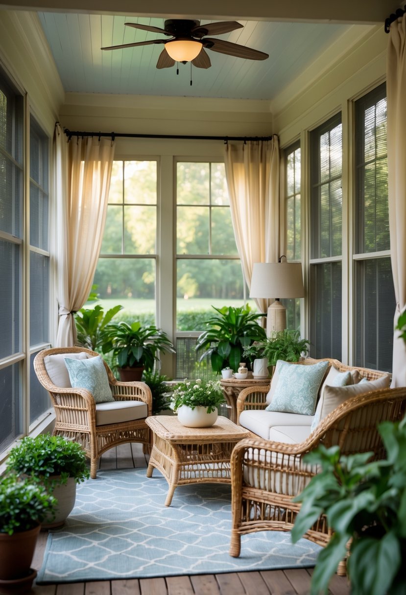 11 Screened In Porch Decorating Ideas for Every Season 5 A screened-in porch with wicker chairs and a coffee table surrounded by plants and greenery outside.