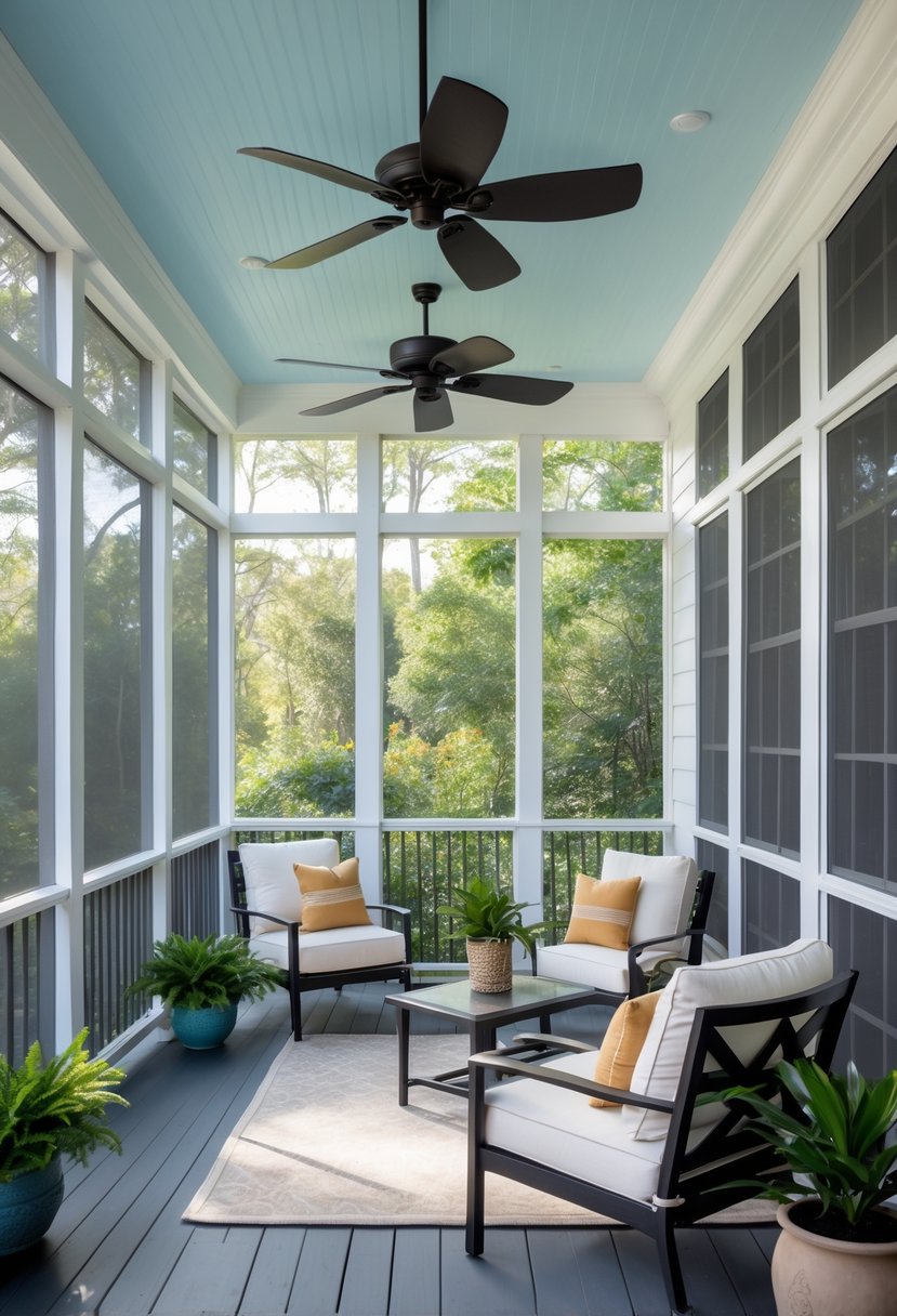 11 Screened In Porch Decorating Ideas for Every Season 6 A screened-in porch with ceiling fans, comfortable seating, and greenery visible through the screens.