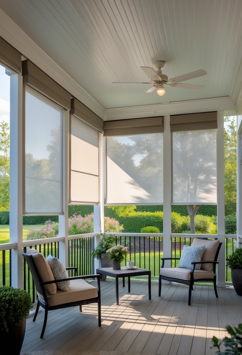 11 Screened In Porch Decorating Ideas for Every Season 8 A screened-in porch with retractable shades, outdoor seating, and a view of a green garden.
