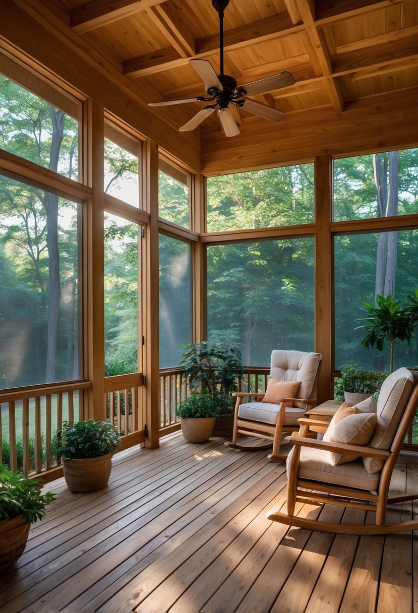 11 Screened In Porch Decorating Ideas for Every Season 9 A screened-in porch with wooden floors, wooden furniture, potted plants, and greenery visible outside.
