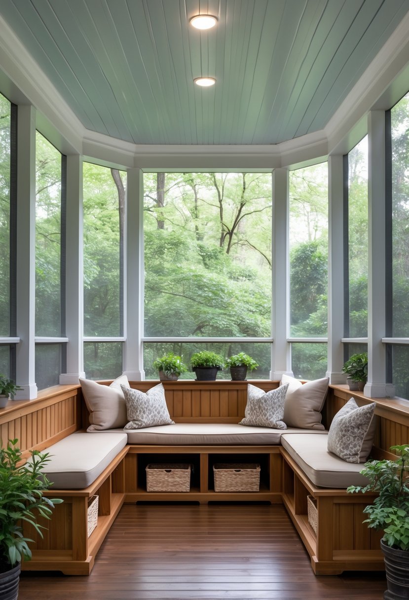 11 Screened In Porch Decorating Ideas for Every Season 11 A screened-in porch with built-in wooden benches that have storage underneath, surrounded by plants and natural light.