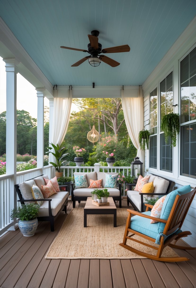 11 Screened In Porch Decorating Ideas for Every Season 14 A screened-in porch with comfortable seating, plants, and outdoor decor overlooking a garden.