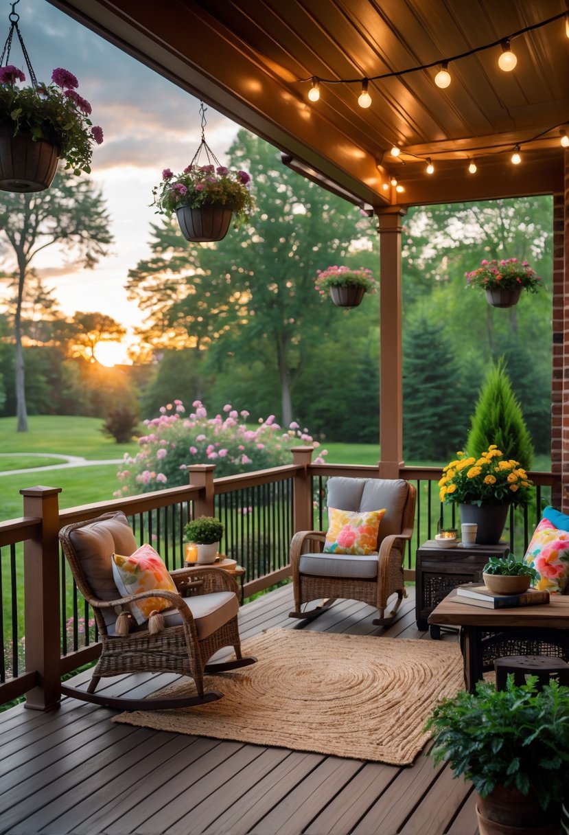 A cozy back porch with comfortable seating, plants, string lights, and a garden view at sunset.