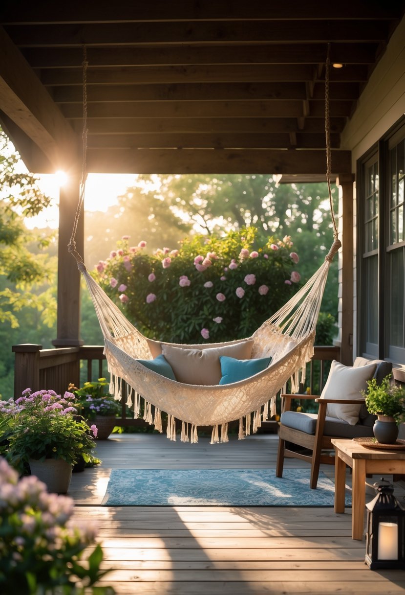 A back porch with a swinging hammock, surrounded by plants and comfortable outdoor furniture in natural sunlight.