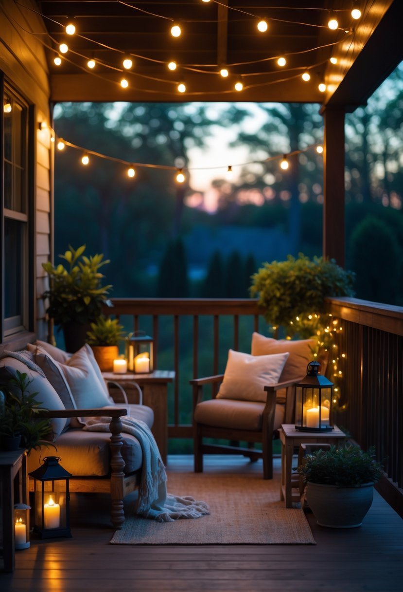 A cozy back porch at dusk with warm string lights glowing above comfortable seating and plants.