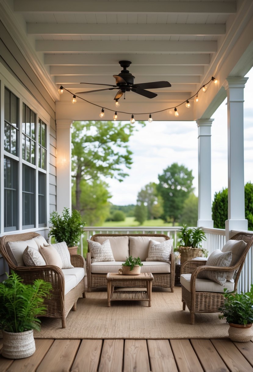 A cozy back porch with wicker furniture and plush cushions surrounded by plants and outdoor greenery.