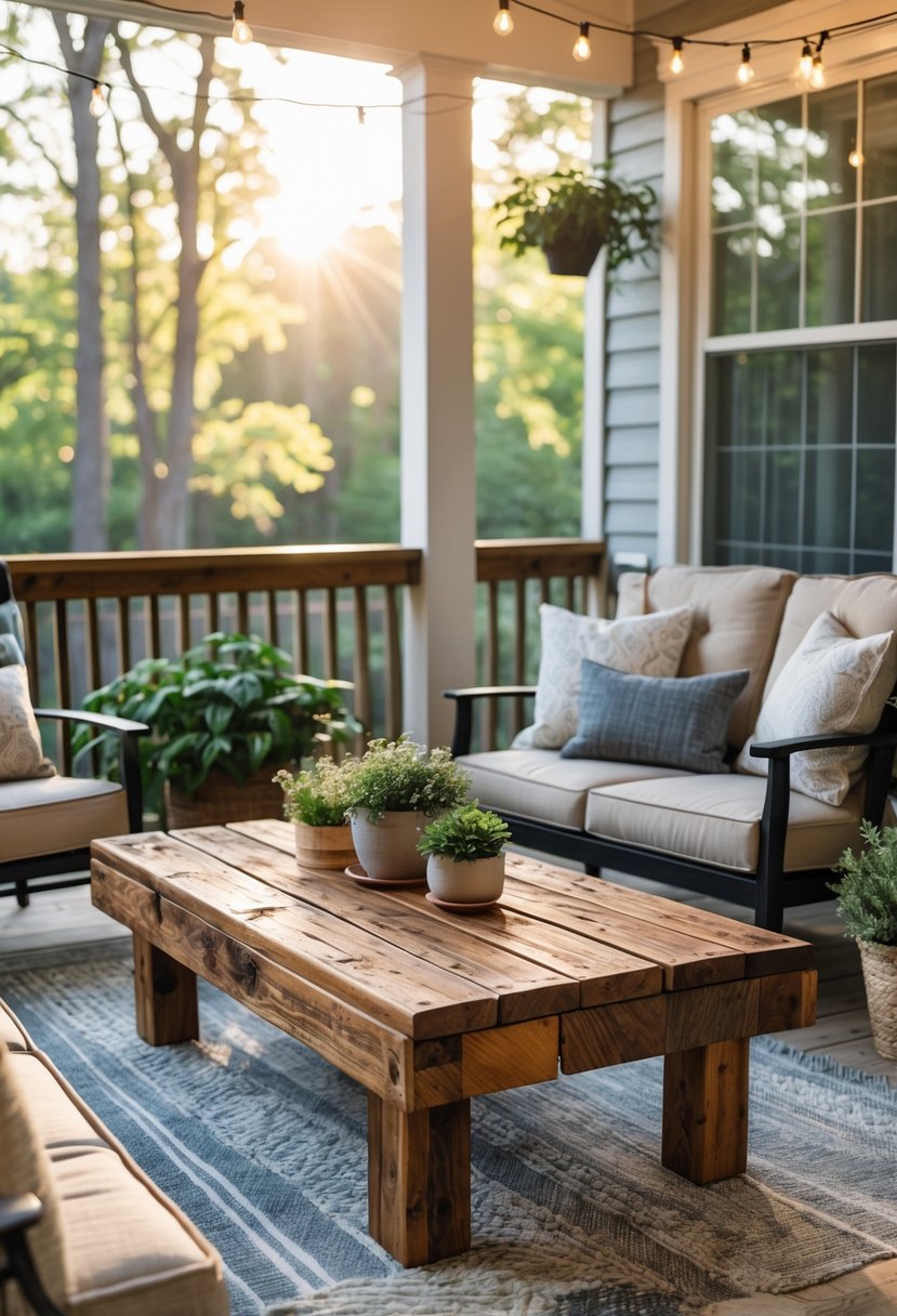 A back porch with a wooden coffee table surrounded by cushioned chairs, potted plants, and string lights.