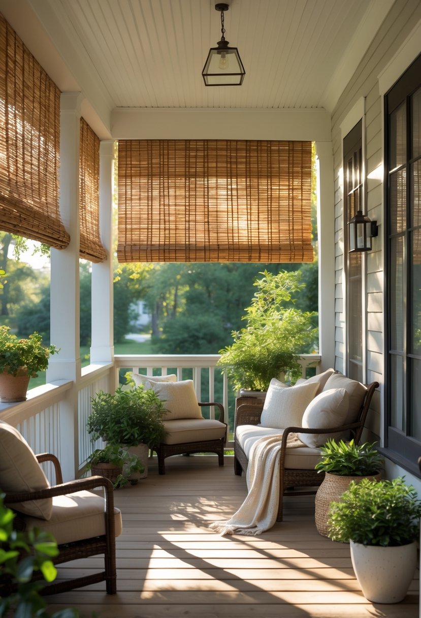 A cozy back porch with bamboo shades hanging and sunlight filtering through, surrounded by comfortable seating and plants.