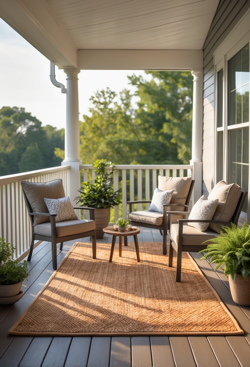 A cozy back porch with warm-toned outdoor rugs, cushioned chairs, a wooden table, and potted plants under natural daylight.