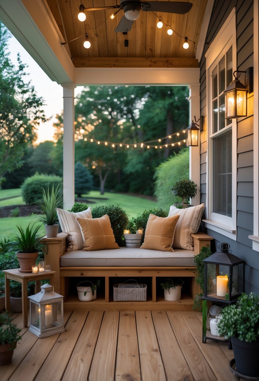A back porch with a built-in wooden bench that has storage underneath, decorated with cushions, plants, and soft lighting.
