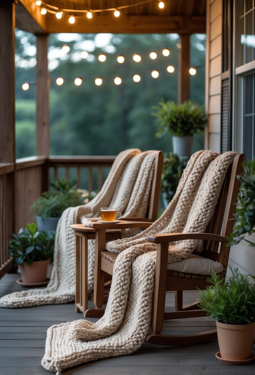 Two wooden chairs on a back porch with knit throw blankets draped over them, surrounded by plants and soft lighting.