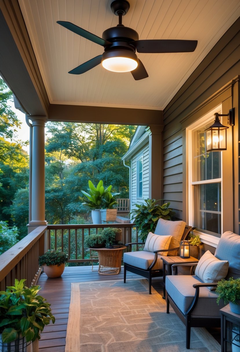 A cozy back porch with a ceiling fan and light kit, comfortable seating, plants, and soft lighting.