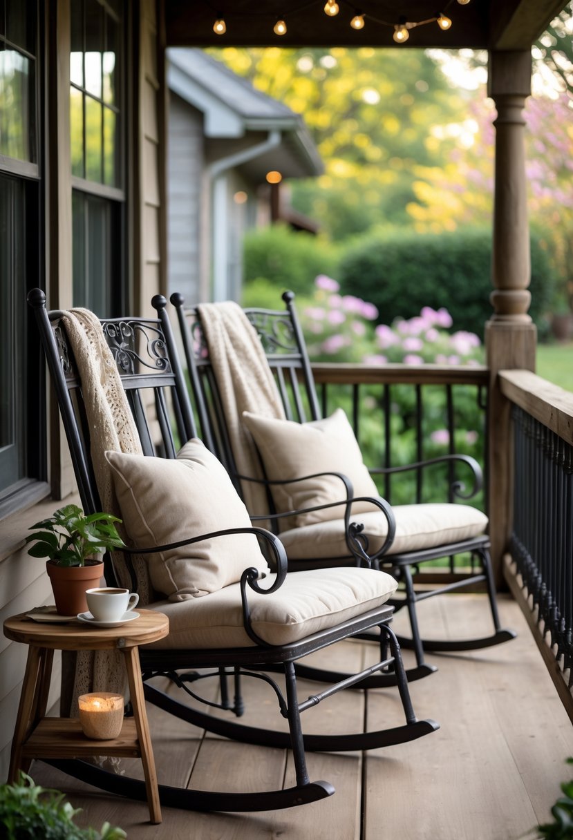 A back porch with vintage metal rocking chairs, cushions, a small table with a plant and cup, surrounded by greenery and soft lighting.