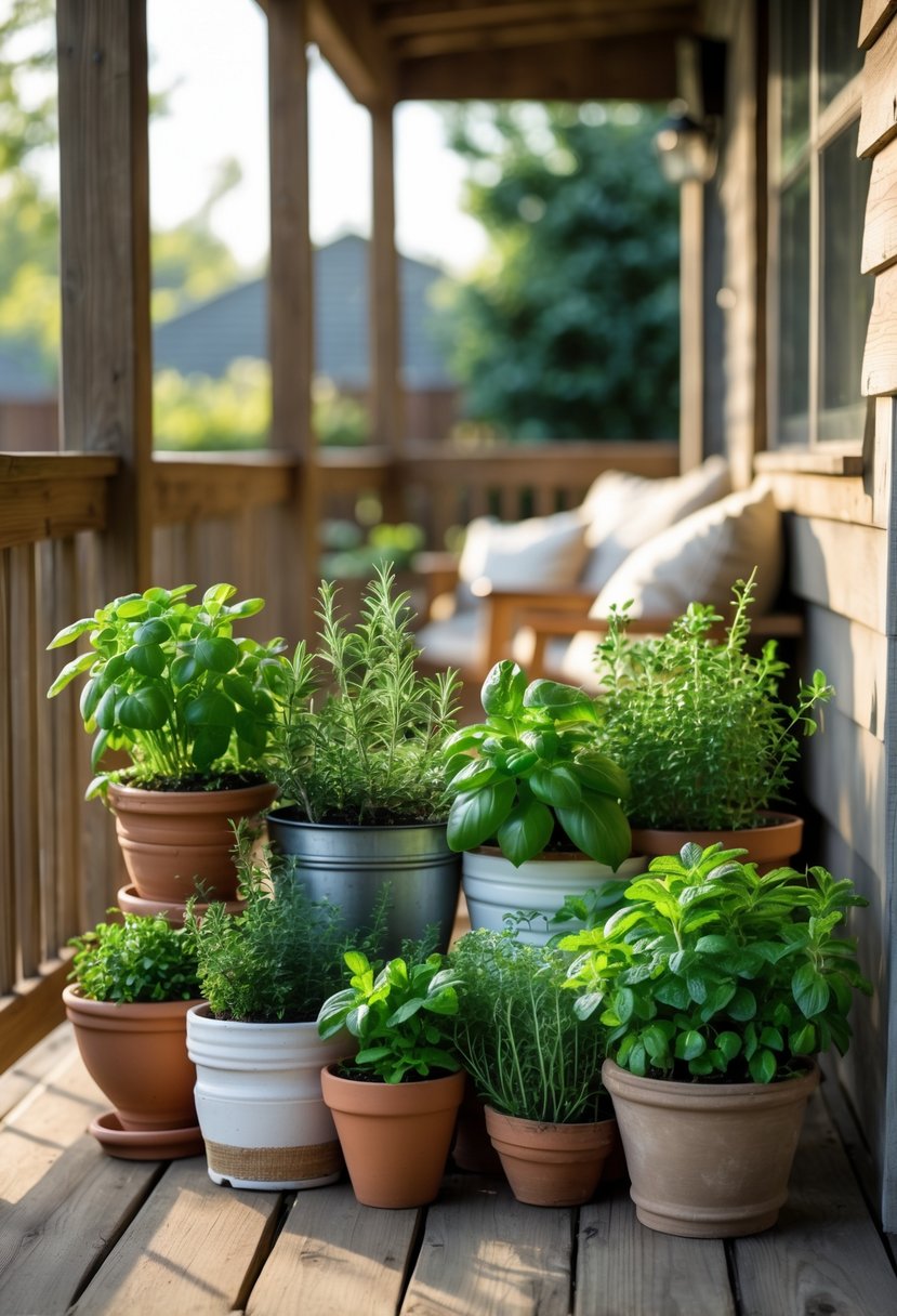 A small herb garden in pots arranged along a wooden porch railing with greenery and comfortable seating in the background.