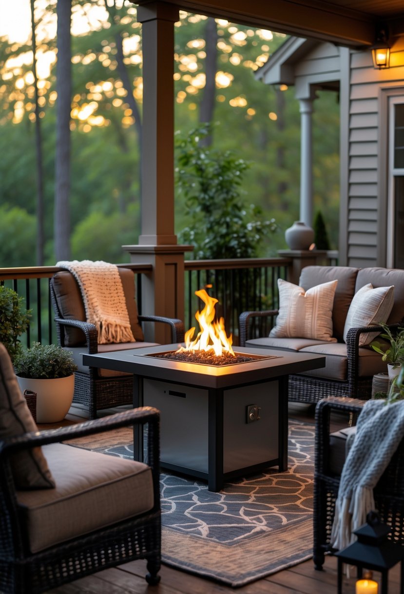 A cozy back porch with a fire pit table surrounded by comfortable seating and plants, creating a warm and inviting outdoor space.