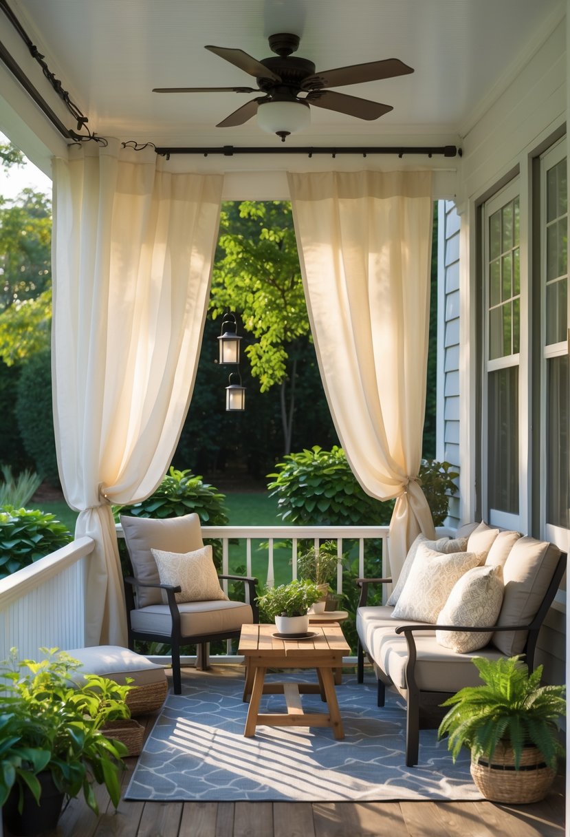 A back porch with retractable outdoor curtains, comfortable seating, and a view of a green garden.