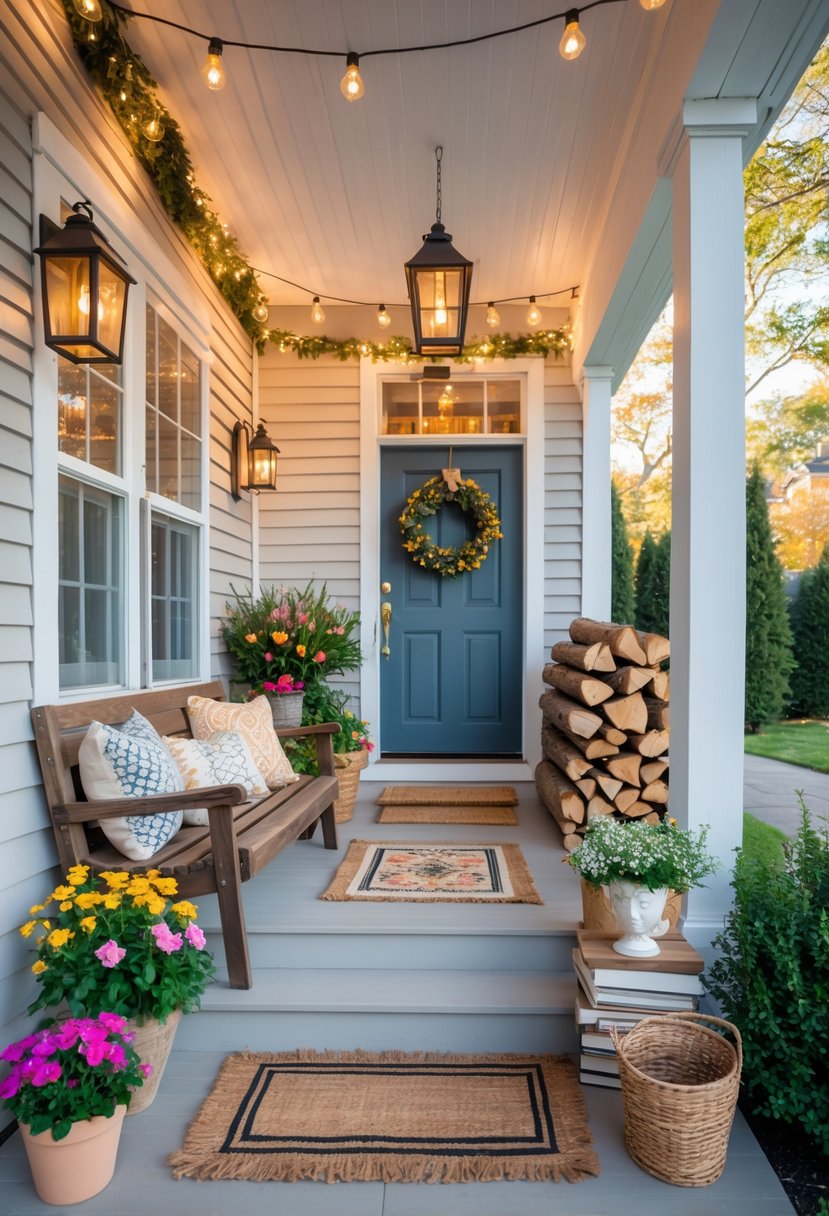 A front porch decorated with various small items including plants, cushions, lanterns, string lights, a wreath, and a birdhouse.
