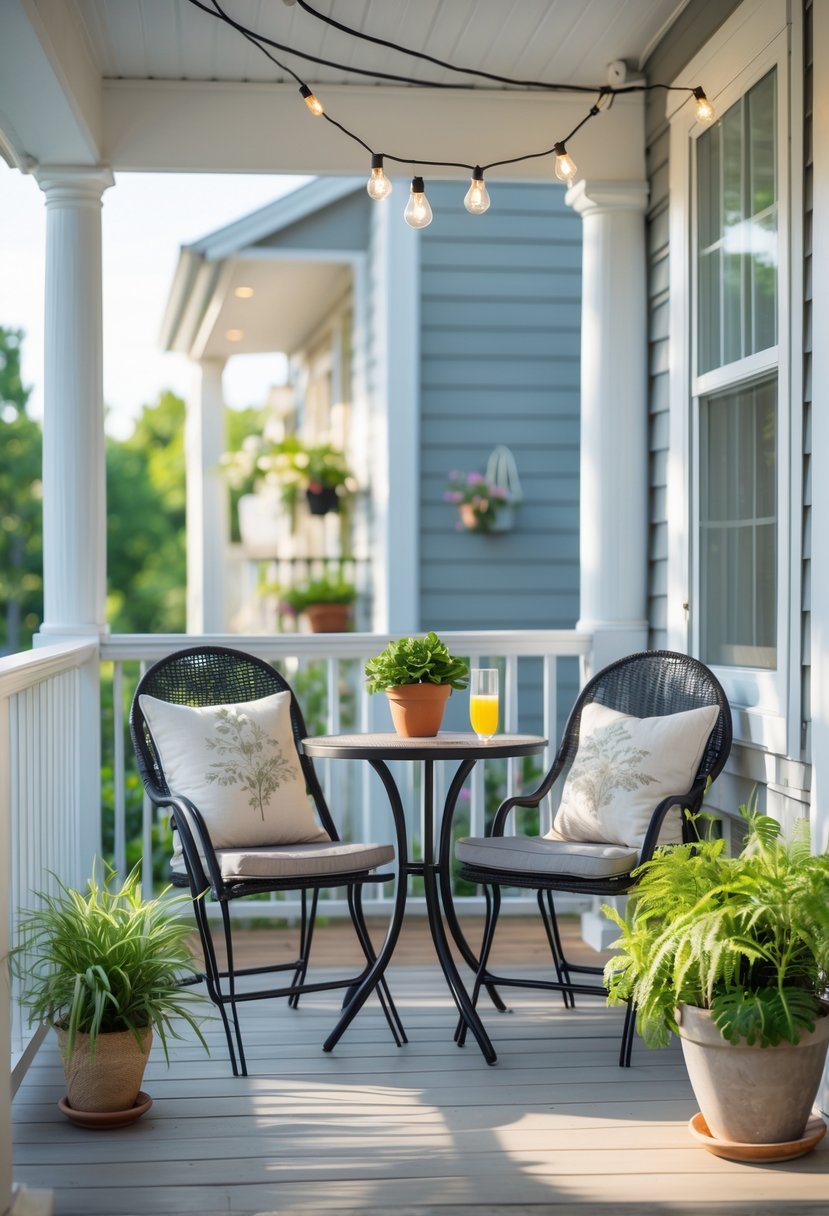 Small porch with a compact bistro set including two chairs and a round table, decorated with plants and string lights.