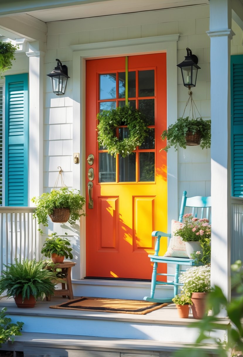 A colorful front door on a small porch decorated with plants, a welcome mat, and outdoor furniture.