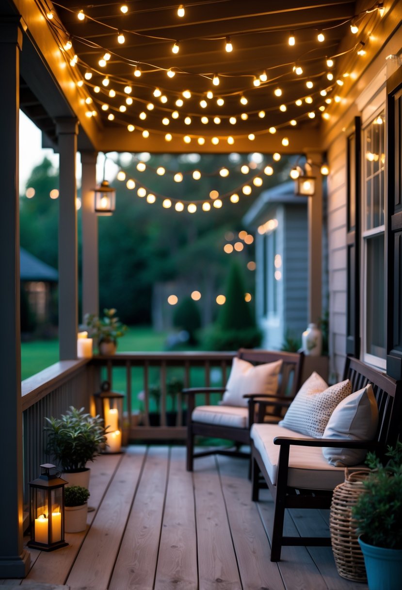 A porch decorated with warm string lights, comfortable seating, and plants creating a cozy outdoor space in the evening.