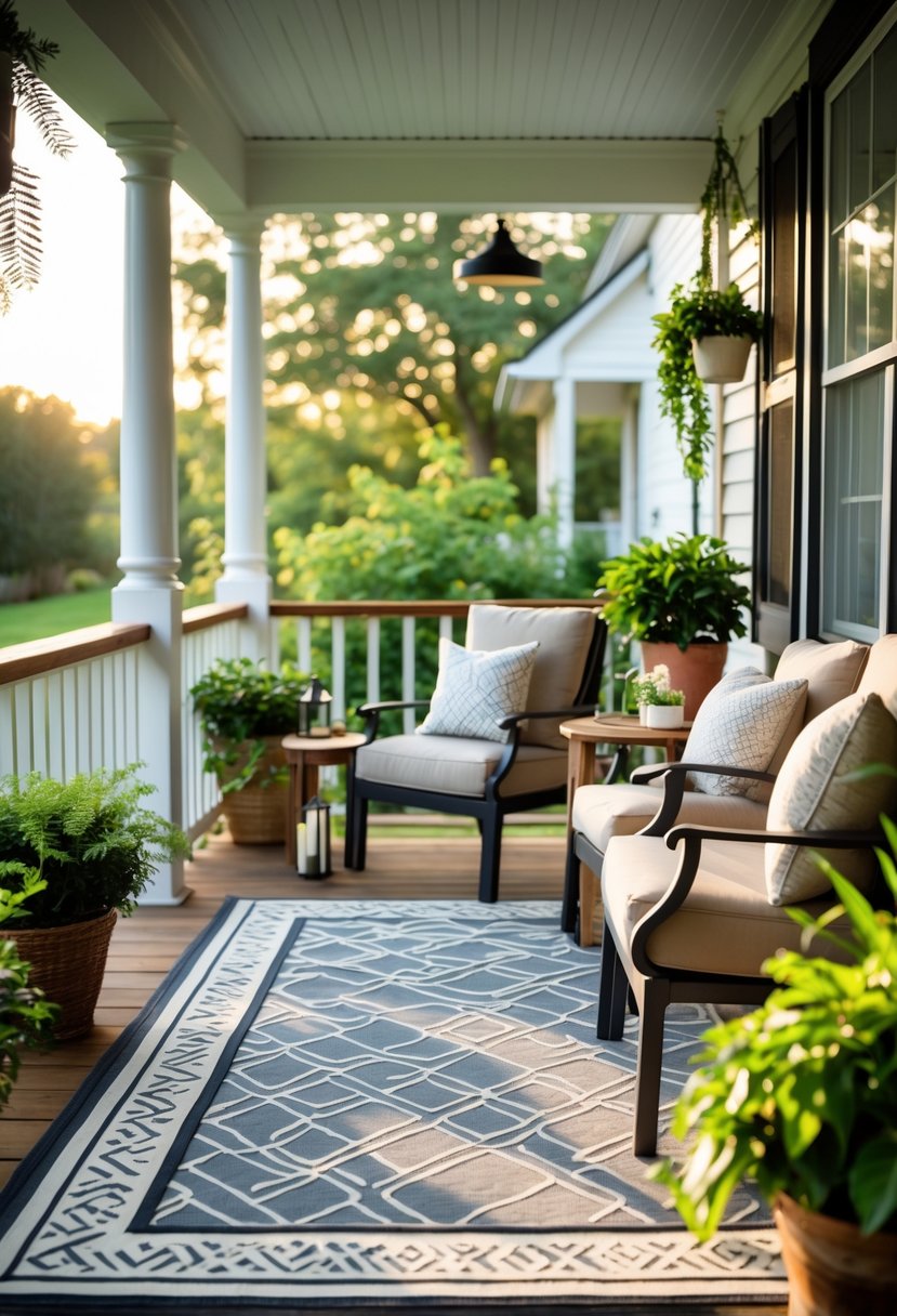 A porch with a durable outdoor rug, cushioned chairs, a small table, and potted plants.