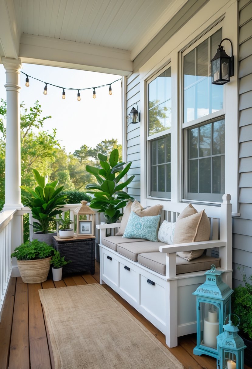 A small porch with a storage bench, potted plants, lanterns, and string lights creating a cozy outdoor seating area.