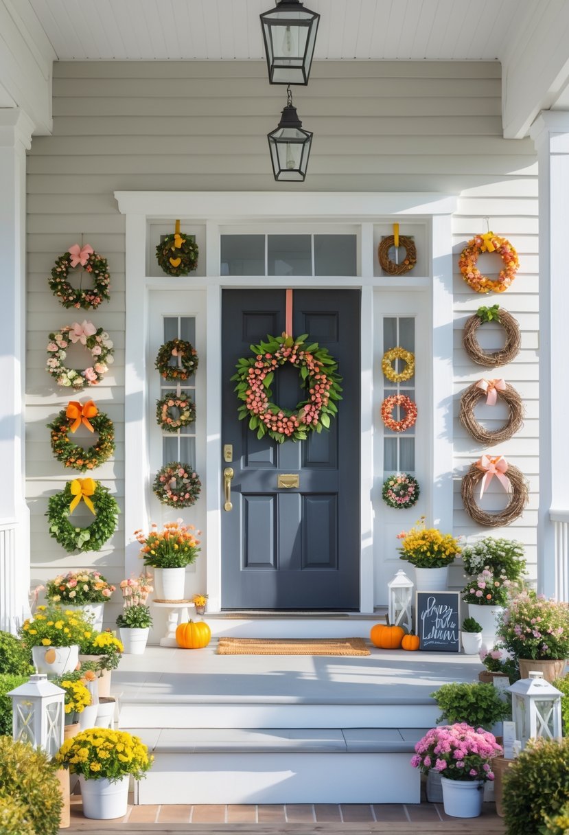 Front porch displaying thirteen small seasonal wreaths and door decorations arranged attractively around the entrance.