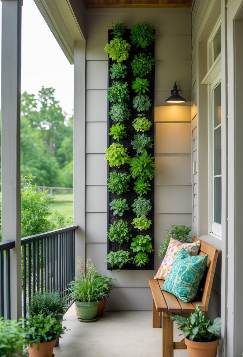 A porch corner with a slim vertical garden on the wall, a wooden bench with cushions, and several potted plants.