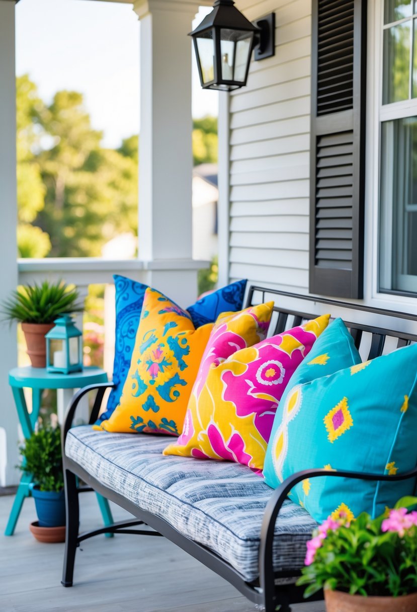 A small porch with a bench decorated with colorful patterned throw pillows and some potted plants.