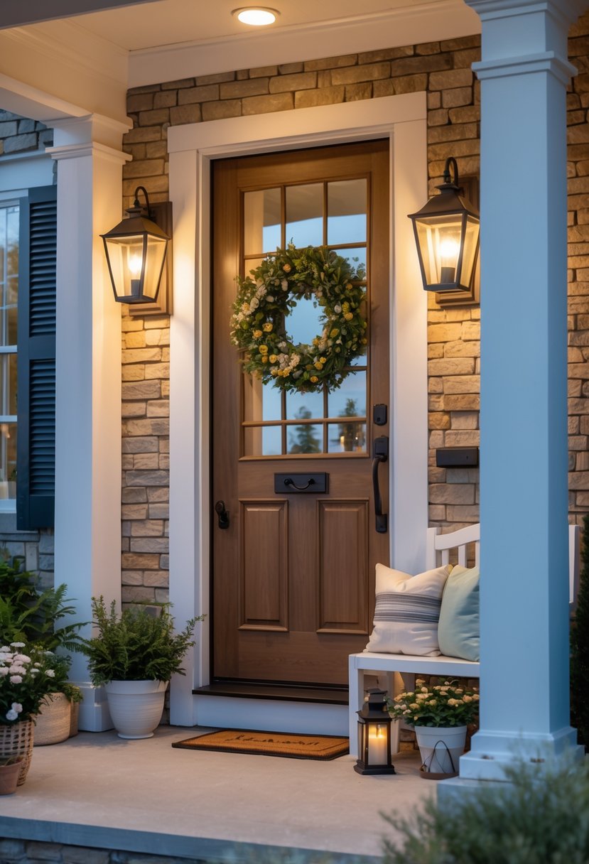 A front porch with lantern-style wall sconces on either side of the door, decorated with plants and a bench.