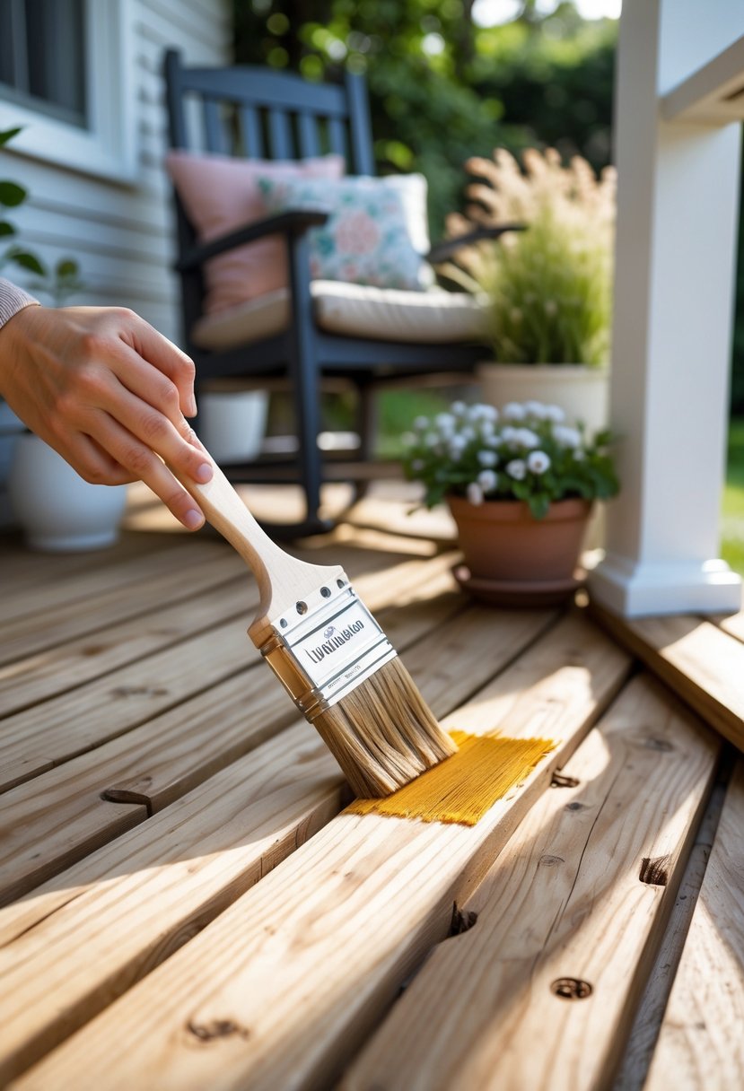 Person applying wood stain to a small wooden porch with decorative plants and outdoor furniture nearby.