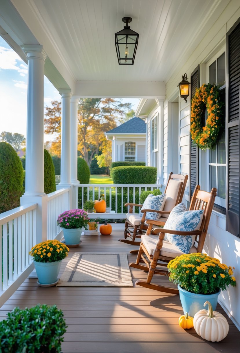 A clean and inviting residential porch with potted plants, cushioned seating, a welcome mat, and seasonal decorations on a sunny day.