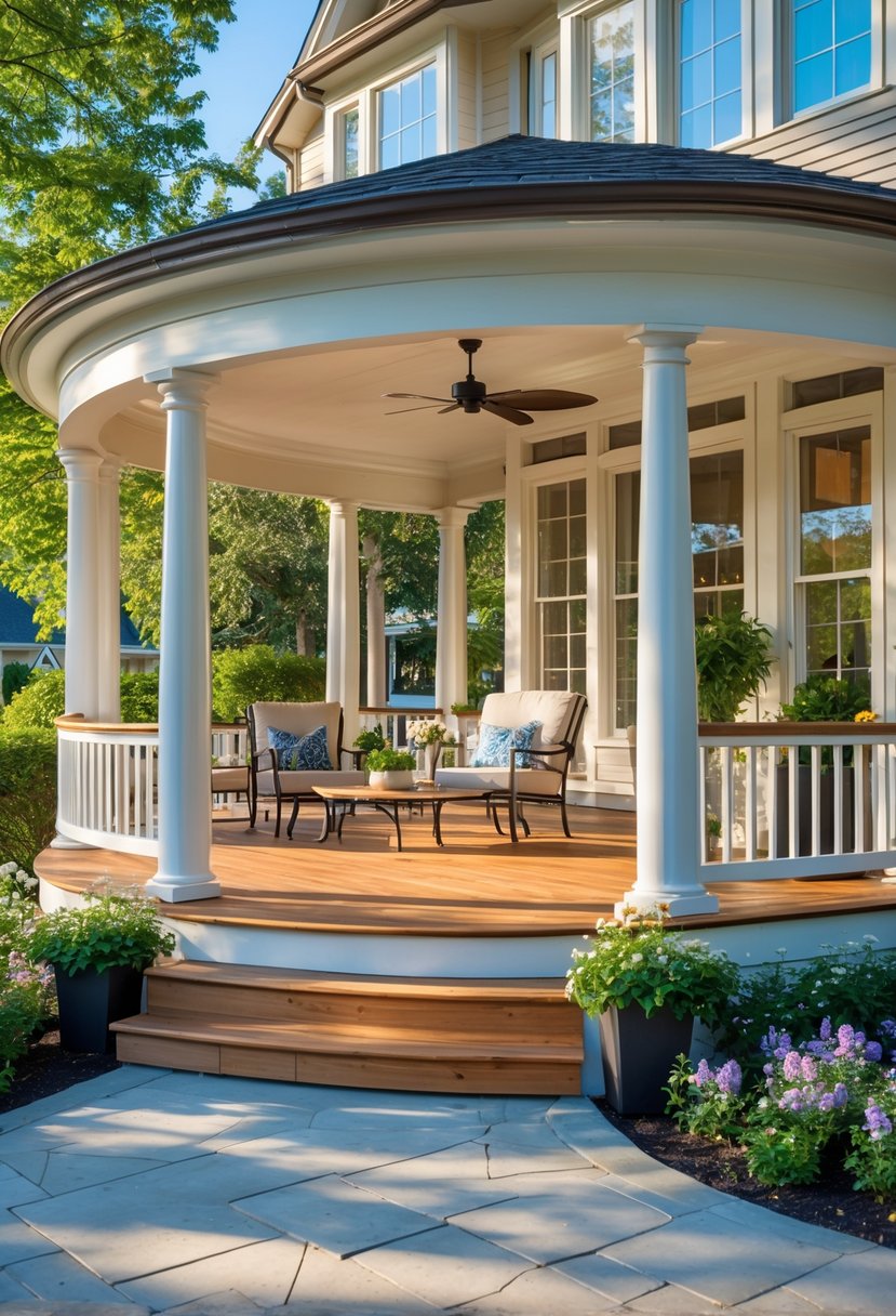 A spacious wrap-around porch with wooden railings and outdoor furniture surrounding a house, with green plants and clear sky in the background.