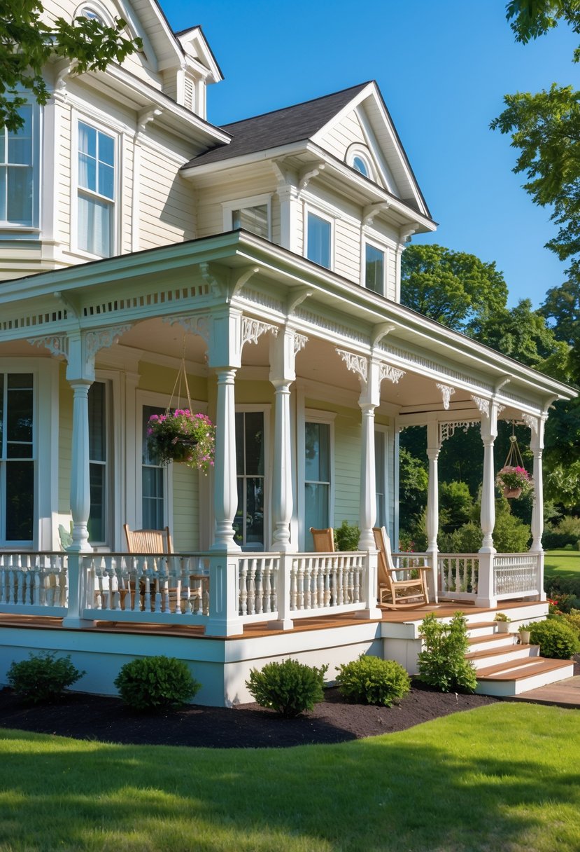 A house with a large porch wrapping around its sides, featuring wooden railings and outdoor furniture, surrounded by green grass and trees on a sunny day.