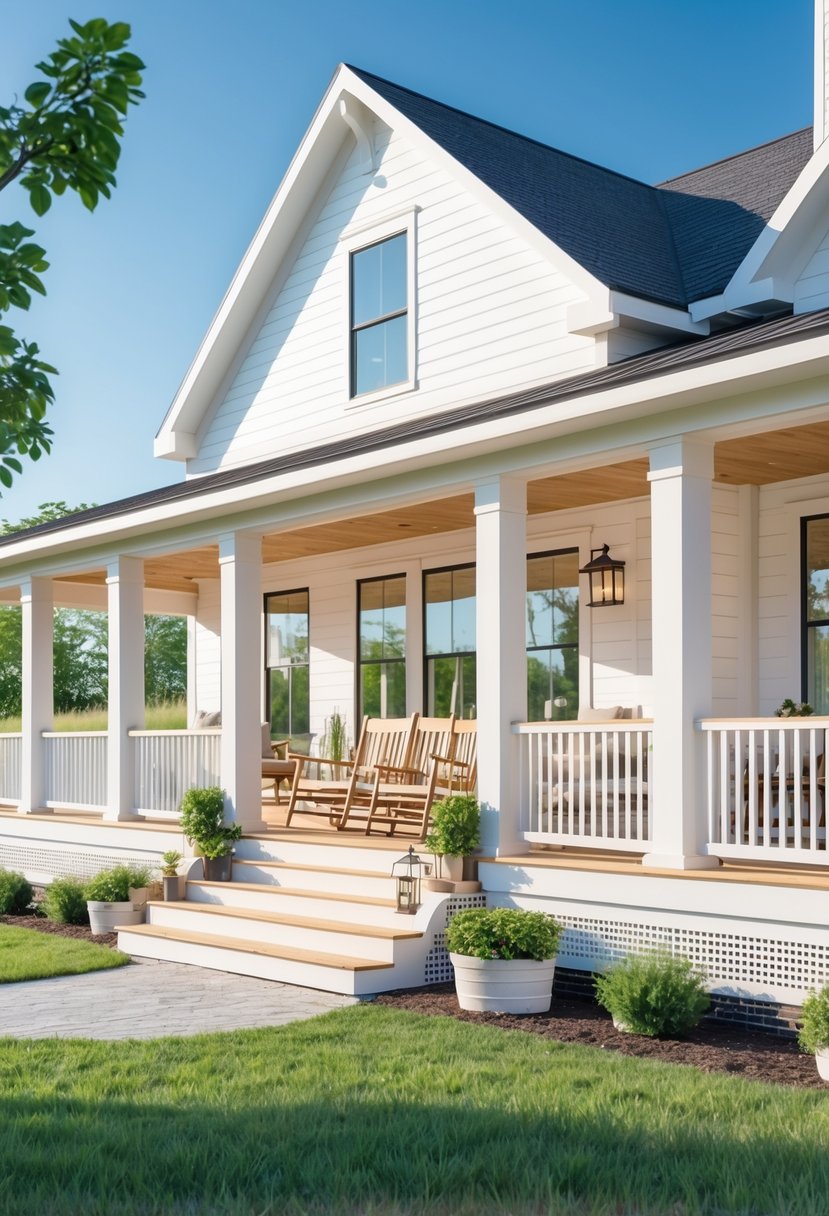 A large house with a spacious porch wrapping around it, featuring outdoor seating and greenery on a sunny day.
