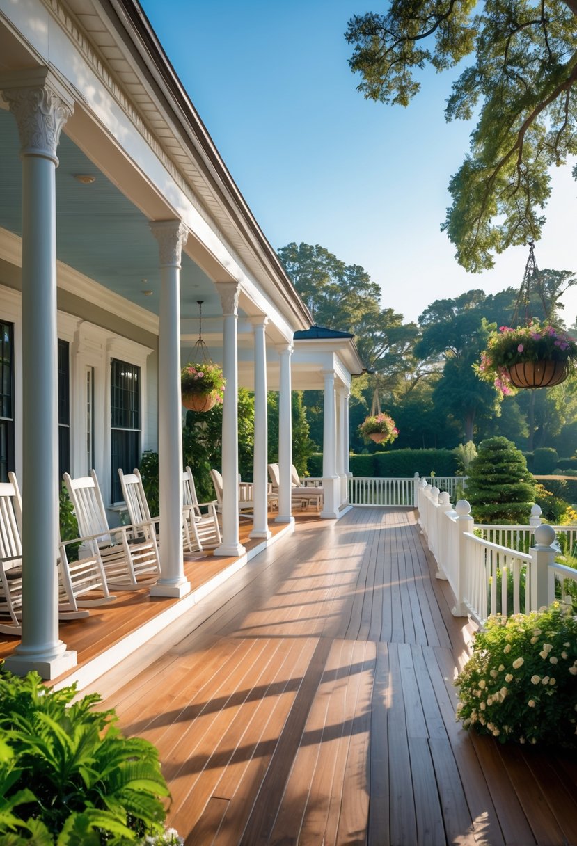 A large porch wrapping around a house with wooden railings, rocking chairs, plants, and trees in the background under a clear sky.
