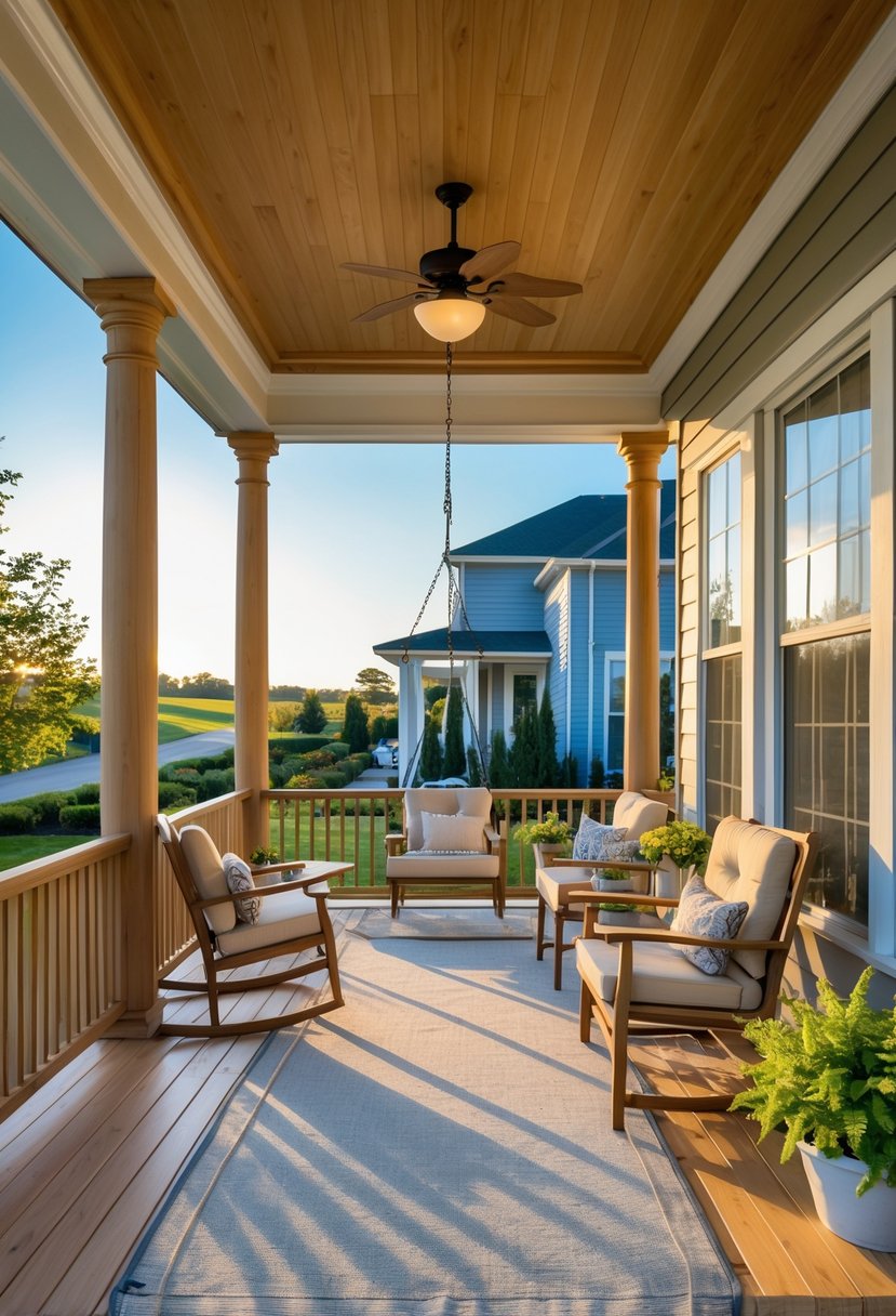 A spacious wraparound porch with multiple seating areas including chairs, tables, and a porch swing, surrounded by plants and overlooking a garden.