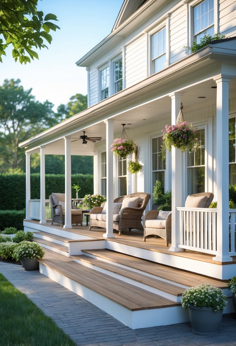 A spacious L-shaped porch wrapping around a house with wooden flooring, white railings, outdoor furniture, and plants, surrounded by greenery.