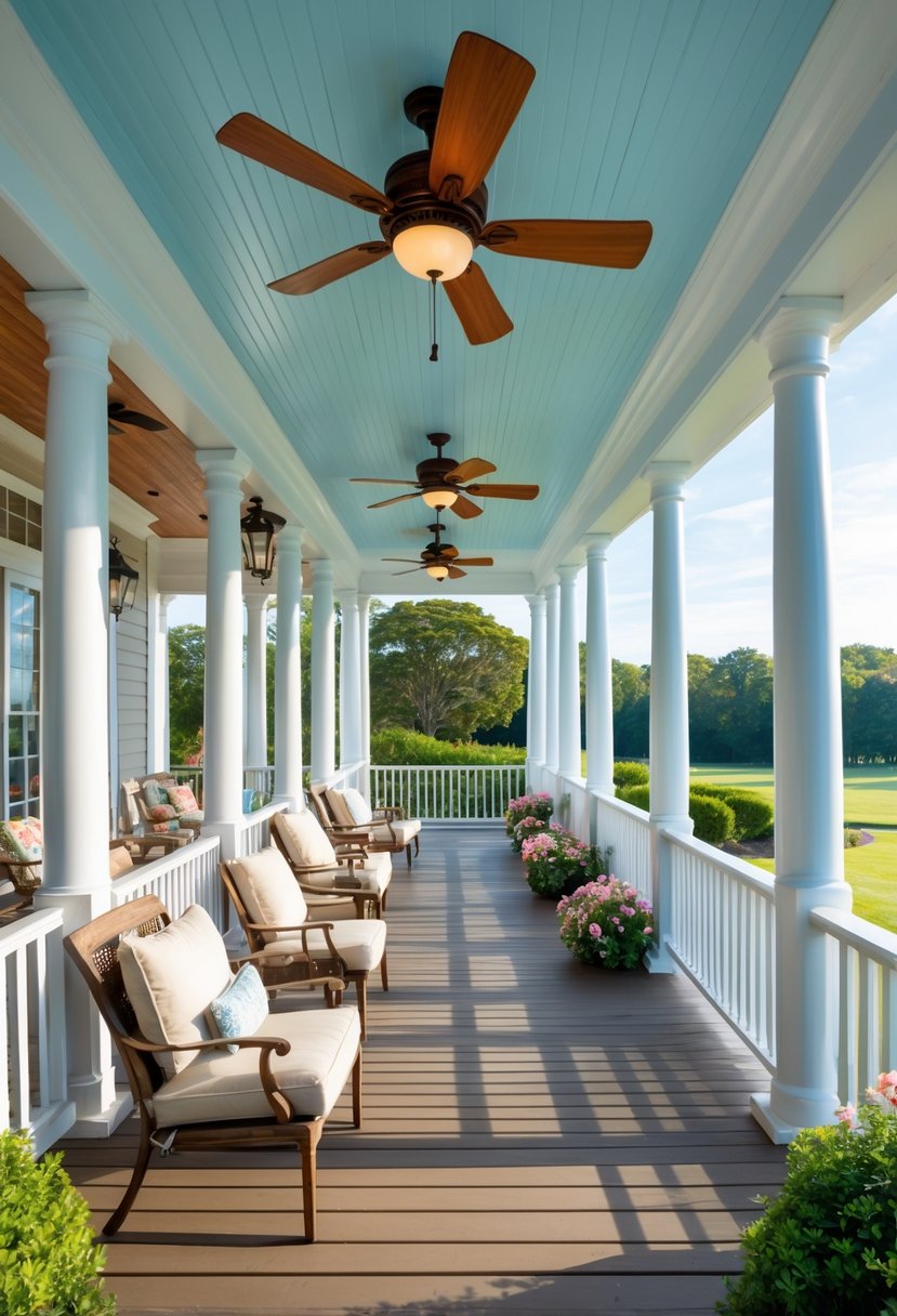 A spacious wraparound porch with wooden flooring, white railings, ceiling fans, and outdoor seating surrounded by greenery.