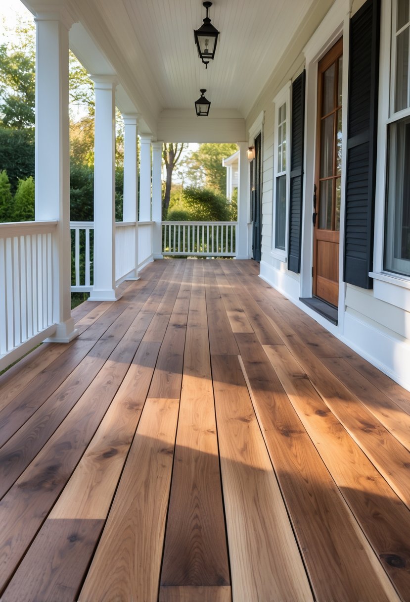 A wide wraparound porch with wooden plank flooring surrounding a house, with outdoor greenery visible.