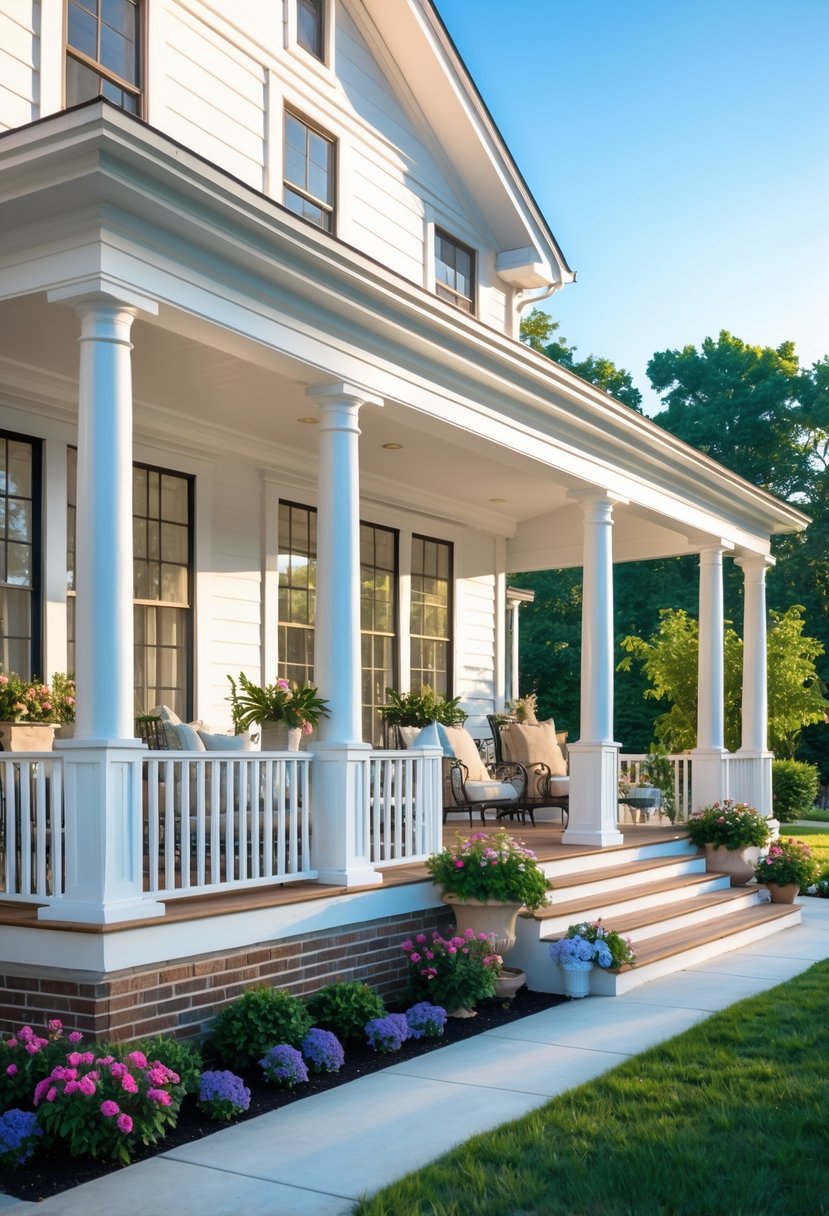 A house with a spacious wrap-around porch featuring outdoor seating and plants on a sunny day.