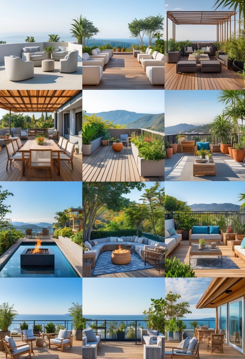 A collage showing 17 different terrace designs featuring various outdoor furniture, plants, and layouts.