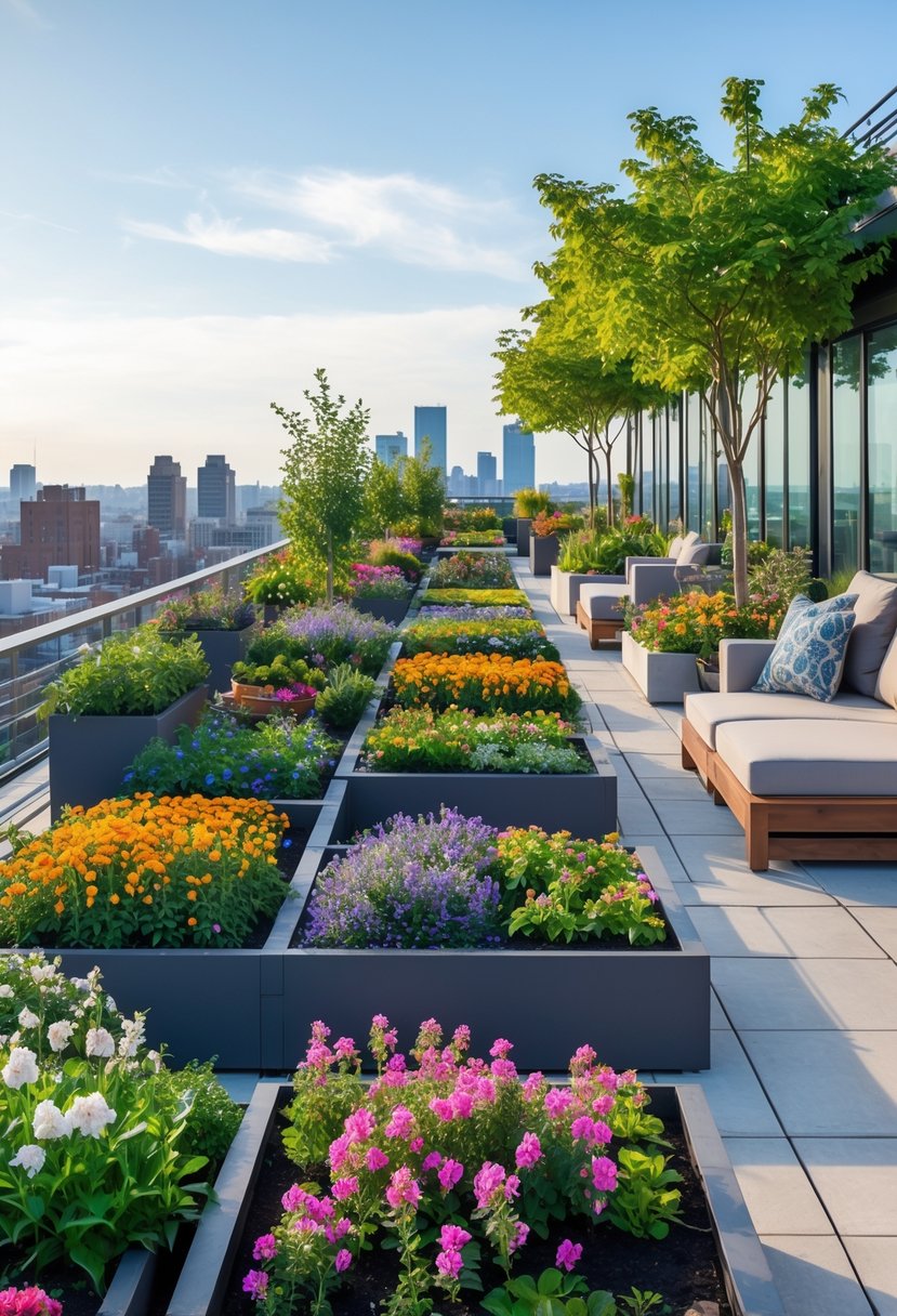 Rooftop garden with multiple flower beds, seating areas, and city views in the background.