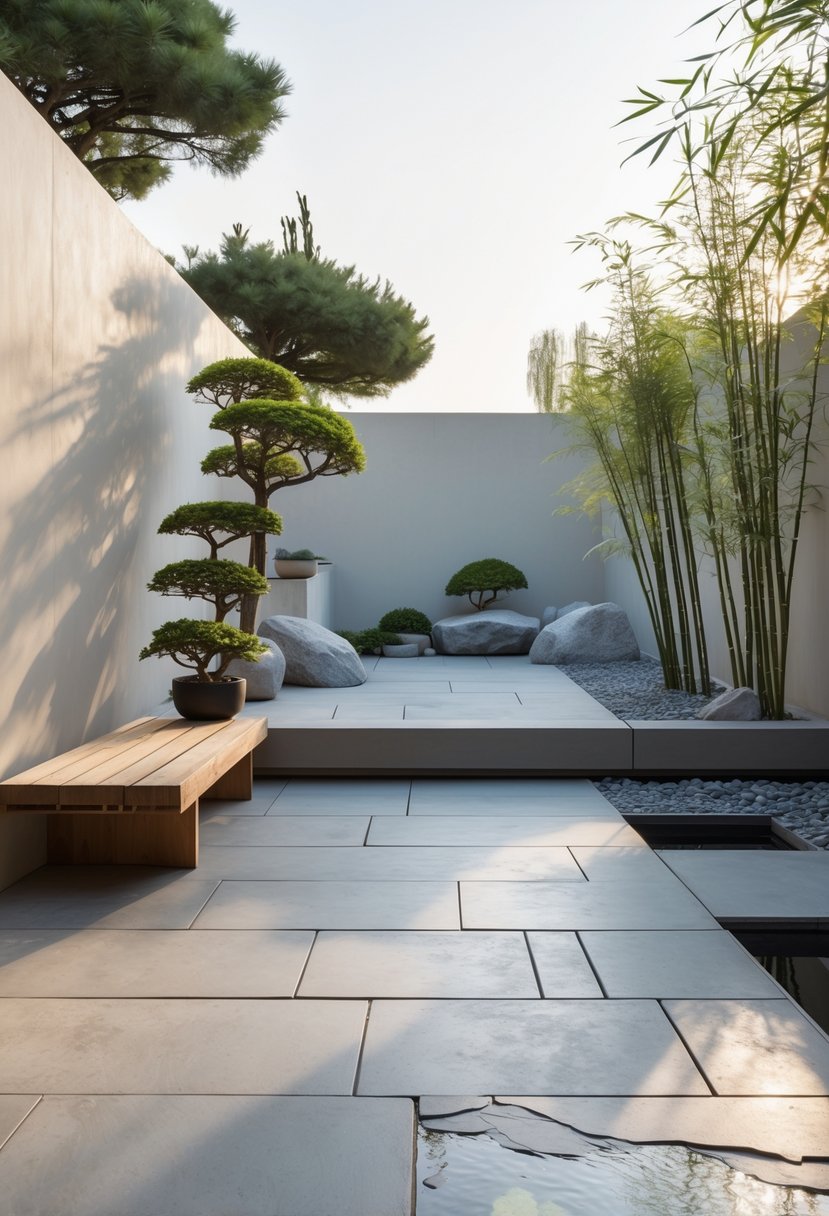 A terrace with stone flooring, wooden benches, green plants, and a small water feature in a calm garden setting.
