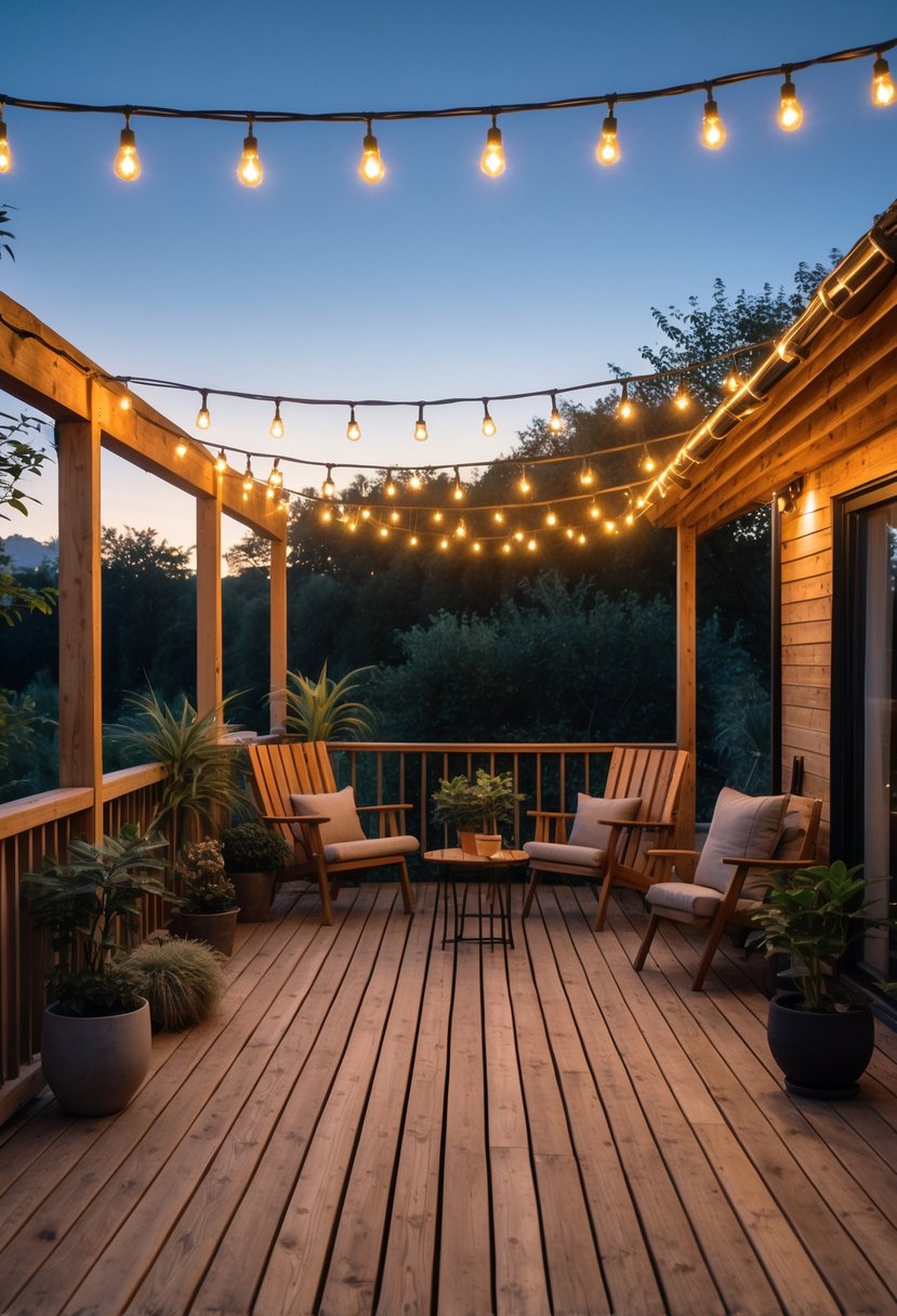 Rustic wooden deck with string lights overhead, cozy seating, and plants in an outdoor terrace setting at dusk.