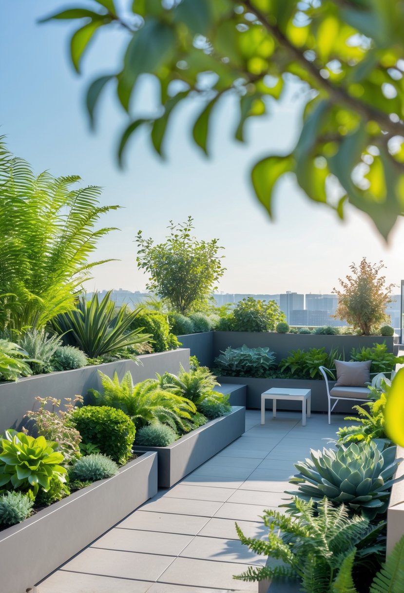 A modern terrace with built-in planters filled with green plants and flowers, featuring outdoor furniture and natural sunlight.