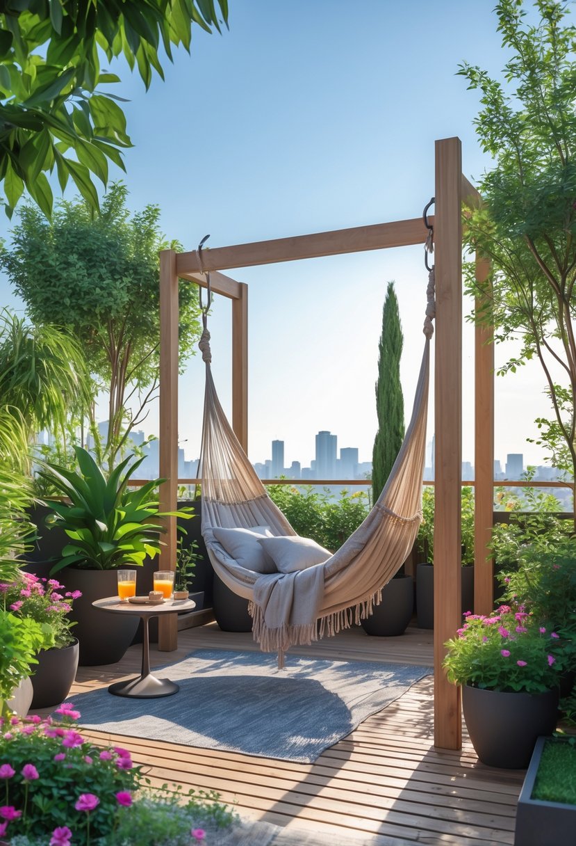 A hammock hanging on a terrace surrounded by plants and outdoor furniture under sunlight.