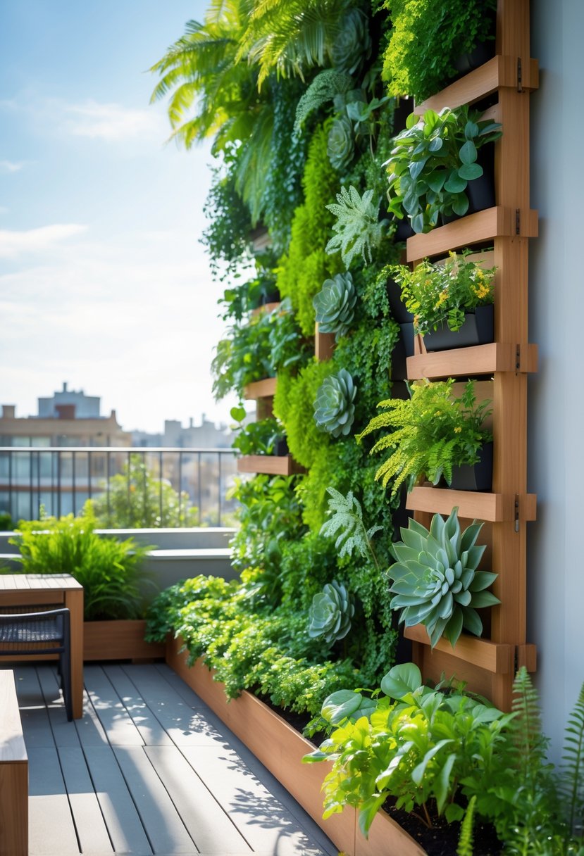 A city terrace with a vertical garden wall filled with various green plants and outdoor seating.