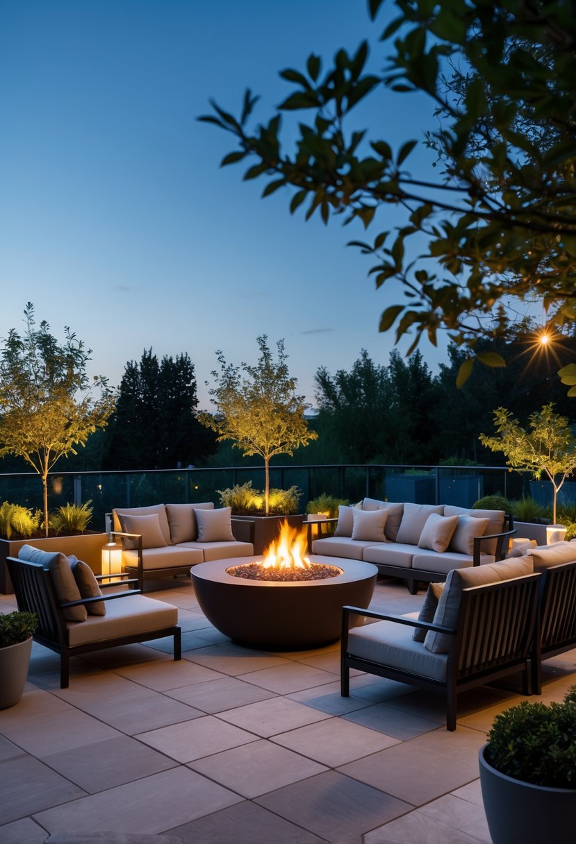 Outdoor terrace with a fire pit surrounded by chairs and plants under a clear evening sky.