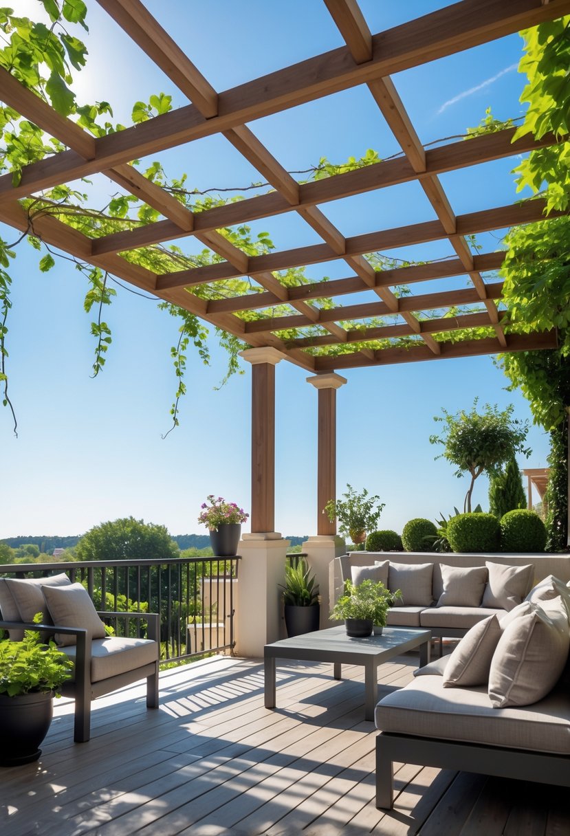 Outdoor terrace shaded by a wooden pergola with seating and plants under a clear sky.